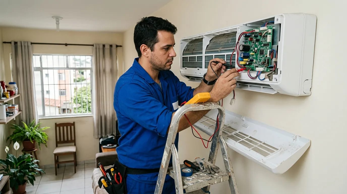 Eletricista ligando a placa do ar-condicionado split em Limeira‑SP